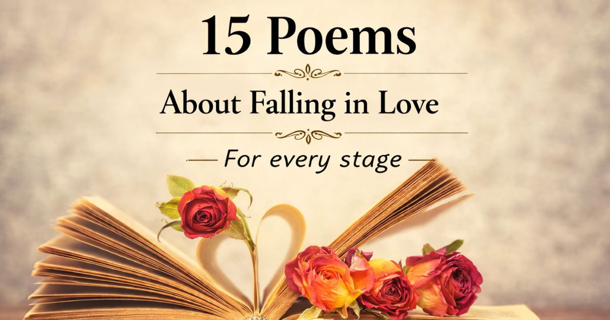 Open book with pages folded into heart shape, decorated with red roses, featuring text overlay "15 Poems About Falling in New Love For Every Stage"