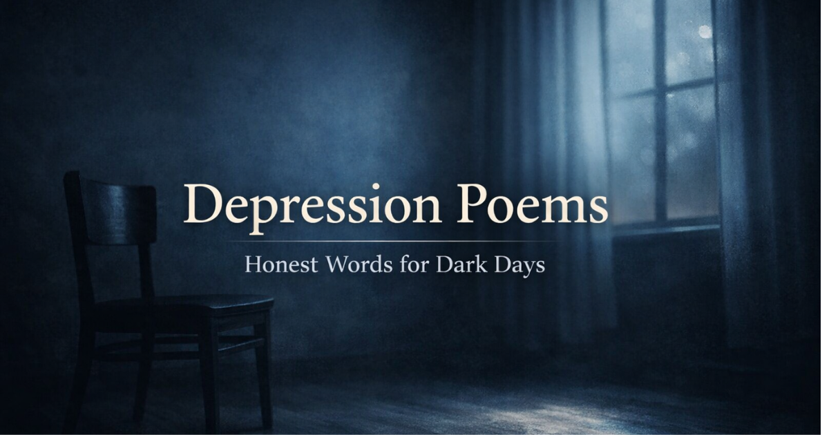 Depression poems featured image with dark blue room, soft window light, and an open notebook symbolizing quiet struggle and hope