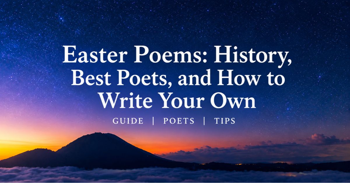 Easter poems guide graphic showing dawn breaking over a mountain above the clouds under a starry night sky.