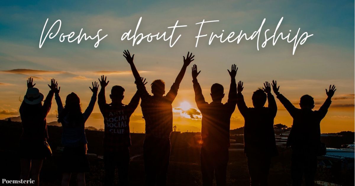 Group of friends silhouetted against a sunset with arms raised — featured image for poems about friendship article
