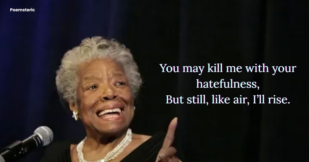 Split design featuring Maya Angelou portrait and Still I Rise poem typography on navy gold gradient background