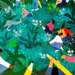 Diverse writers planting different types of poems in a creative word garden where sonnets, haikus and free verse bloom like flowers