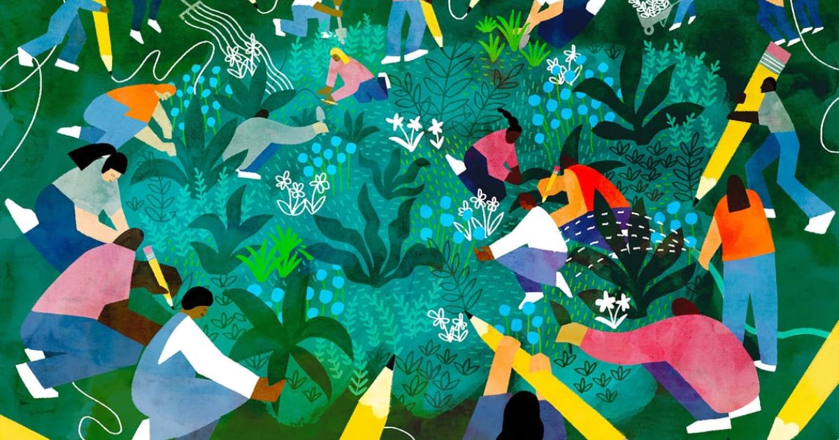 Diverse writers planting different types of poems in a creative word garden where sonnets, haikus and free verse bloom like flowers