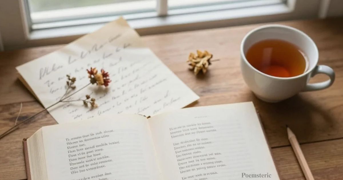 Open poetry book on a wooden table with handwritten notes and a cup of tea — best poems to memorize collection