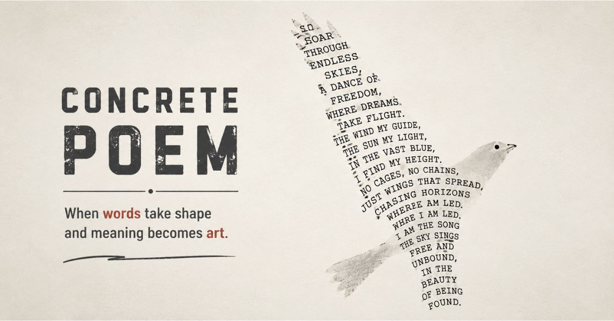 A collection of concrete poems where words are arranged into shapes including a bird, on a white background