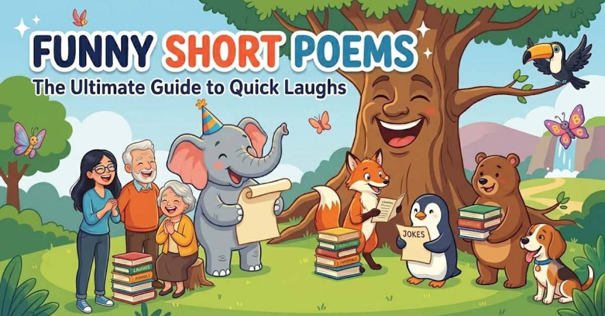 Funny short poems guide illustration showing cartoon animals and people laughing together in a park