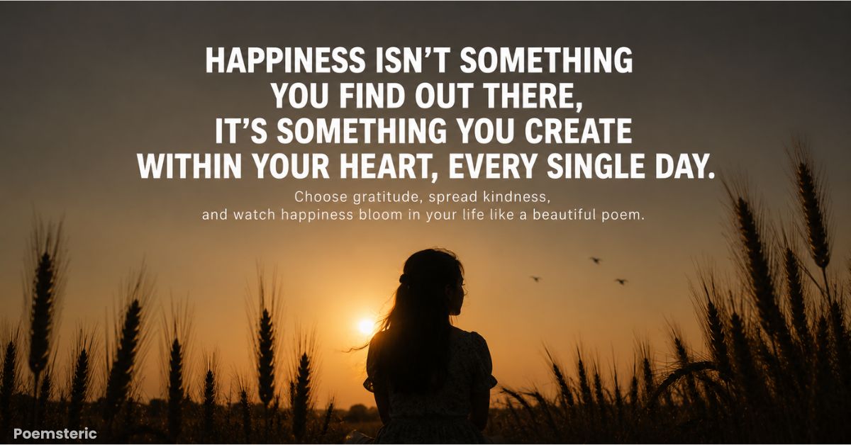 Woman sitting in a wheat field at sunset reflecting on happiness poems and inner joy