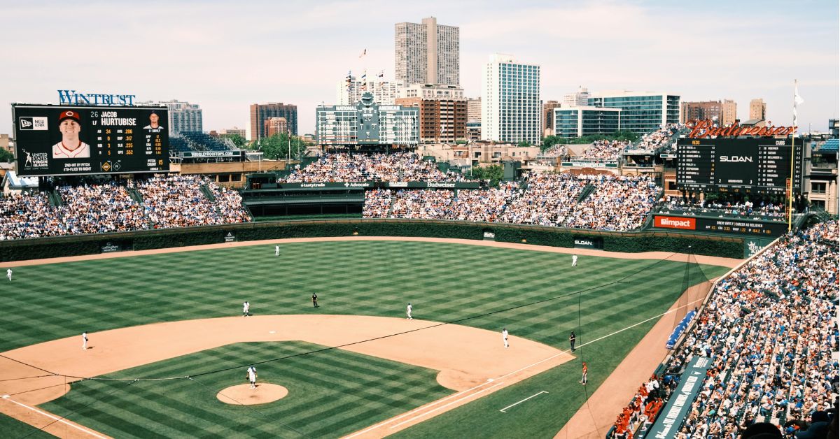 Packed baseball stadium crowd with city skyline, ideal for poems about baseball