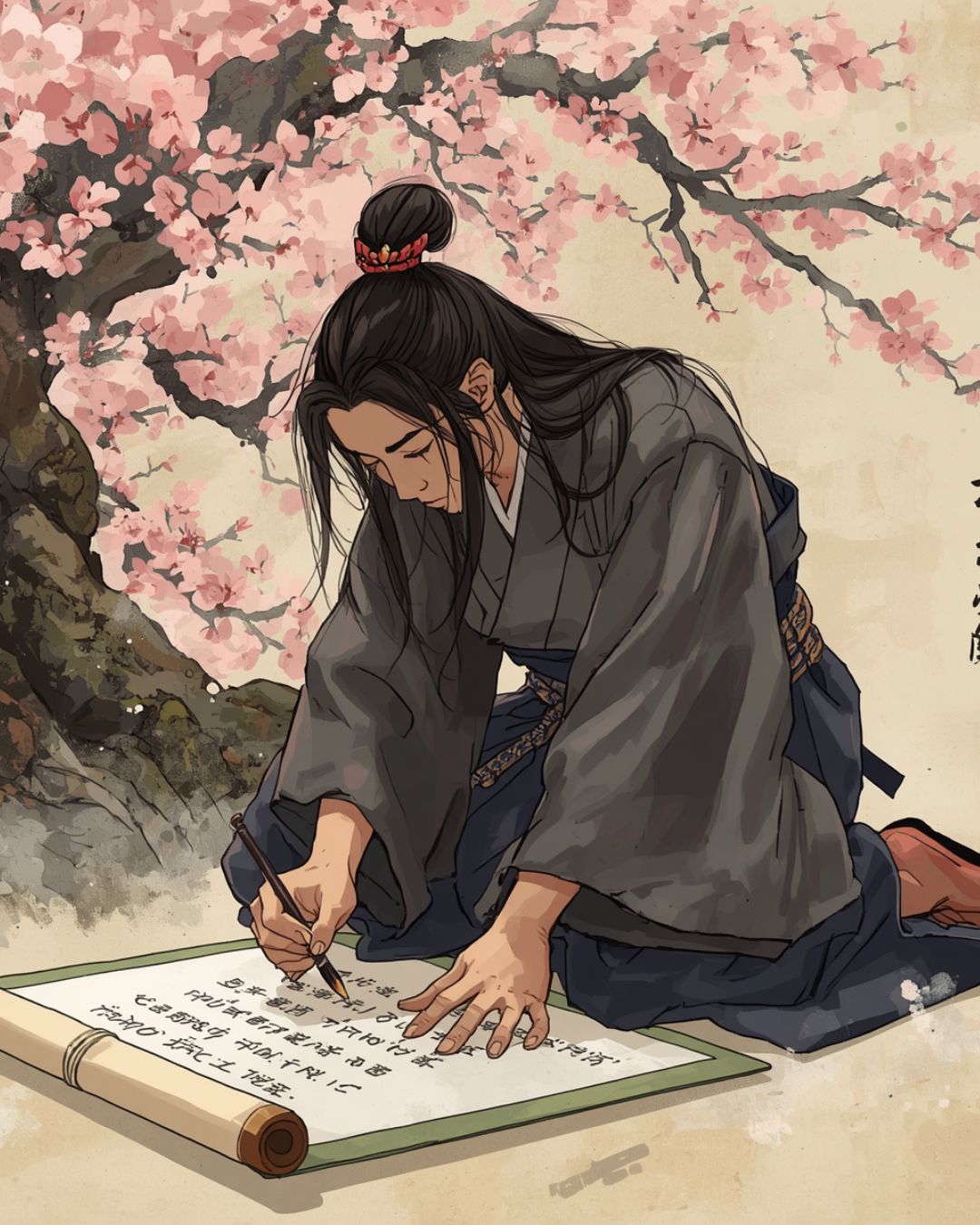 "armoured samurai warrior with cherry blossoms and Japanese calligraphy — jisei / samurai death poems tradition