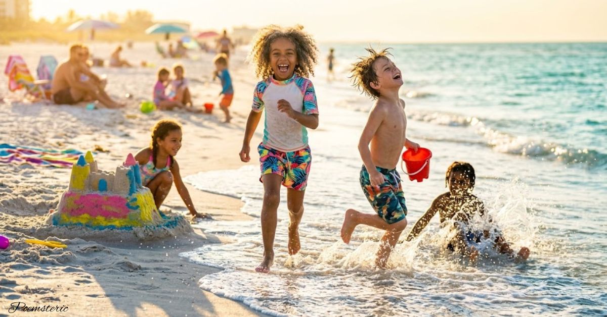 Kids laughing and running through ocean waves on a sandy beach at sunset, summer poems for kids theme.