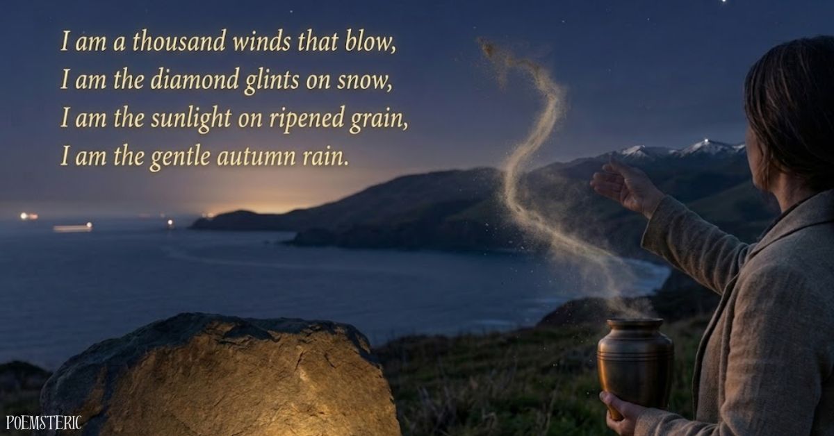 Short Poems for Scattering Ashes with a peaceful memorial scene of a person scattering ashes by the sea at sunset