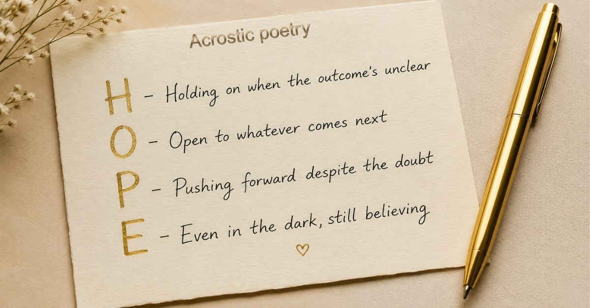 Acrostic poems example spelling HOPE on cream cardstock with a gold pen