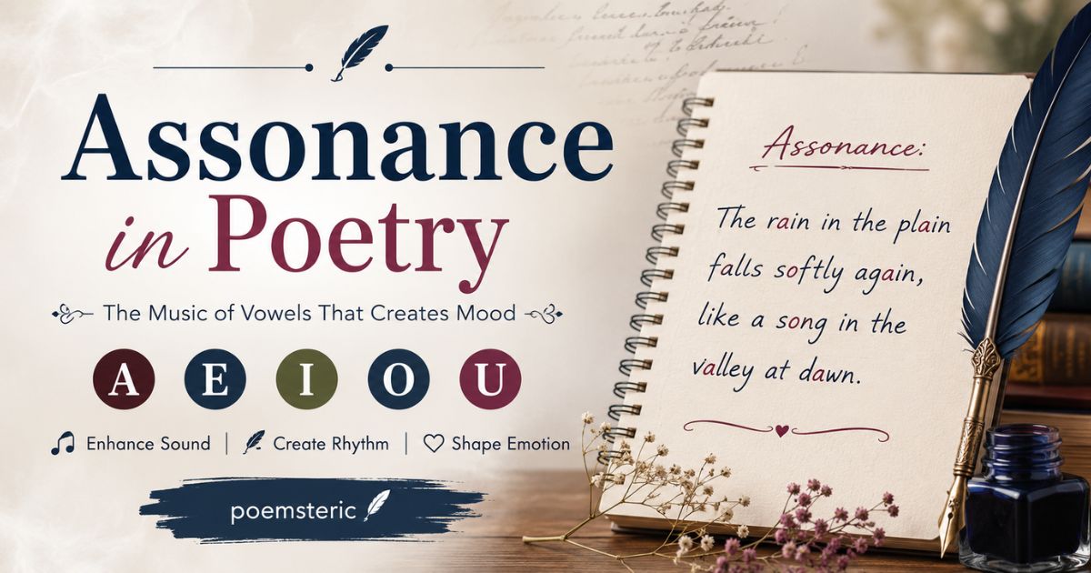 Assonance in Poetry featured image showing vowel sounds, a handwritten poem, quill, and notebook.
