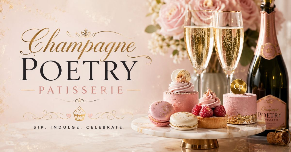 Champagne Poetry Patisserie banner with pink macarons, cake, and champagne flutes