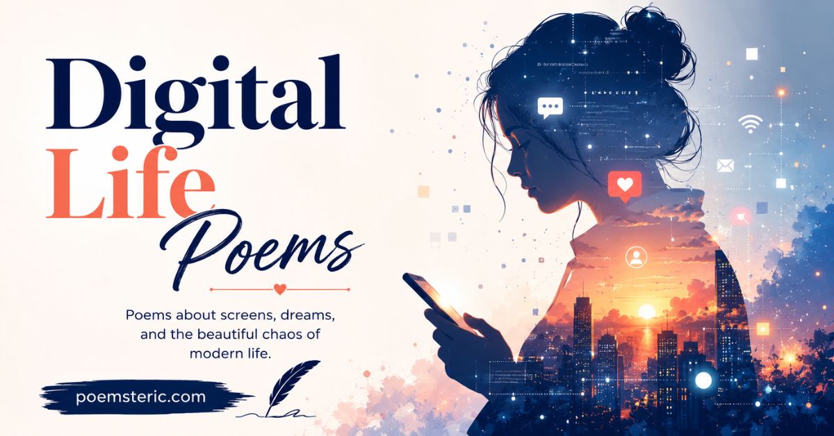 Digital life poems featured image: woman with phone, social media icons, and sunset cityscape.