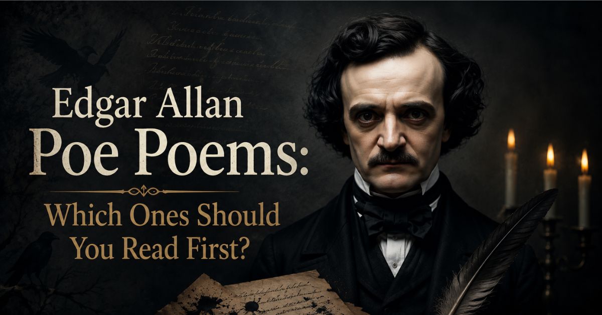 Edgar Allan Poe poems featured image — portrait of Poe with quill, candlelight, and raven silhouette.