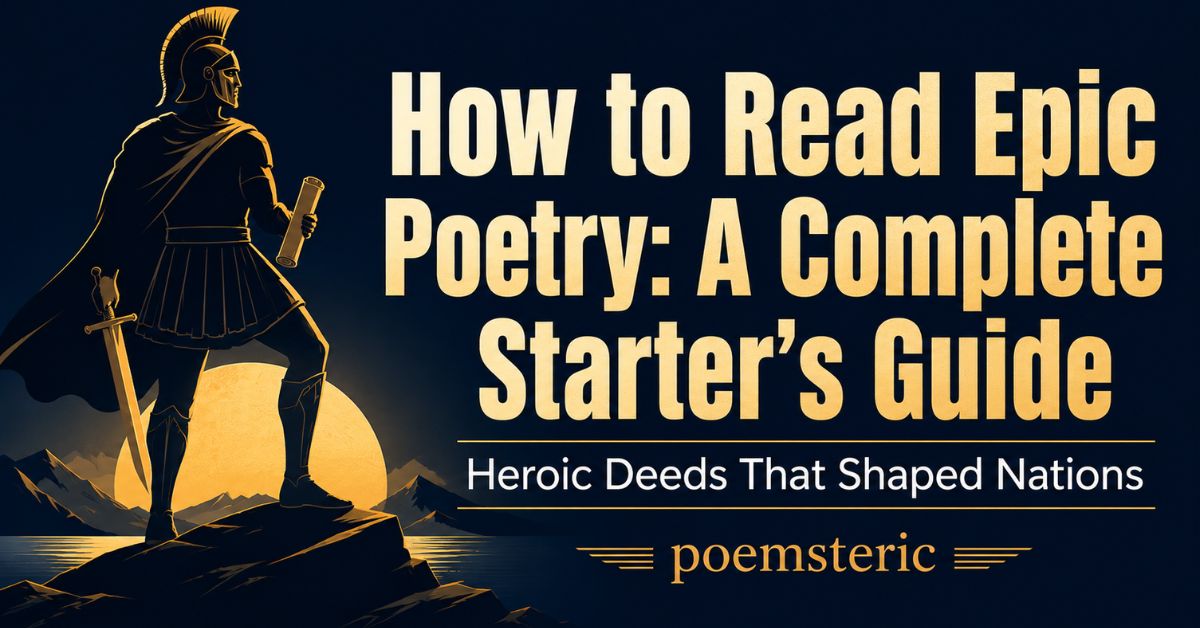 Illustrated classical warrior with scroll and sword on a cliff at sunset for epic poetry guide
