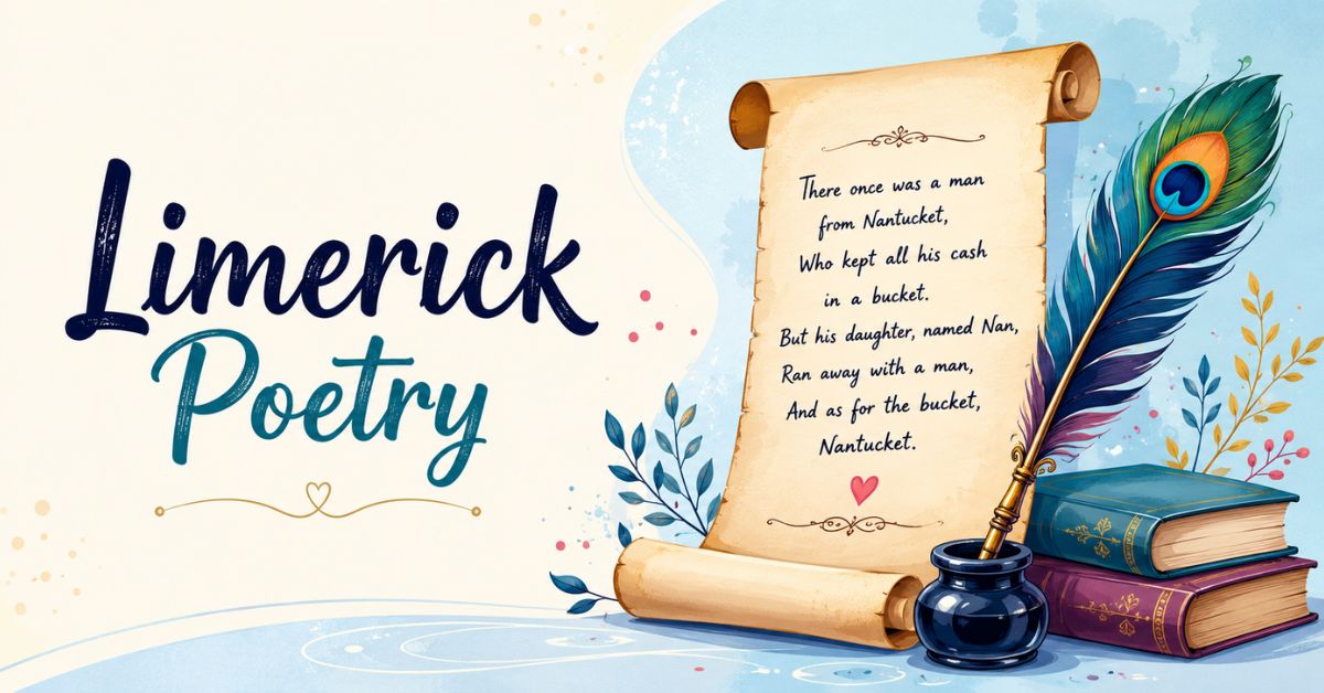 example of a limerick poetry shown on an illustrated scroll with quill and books