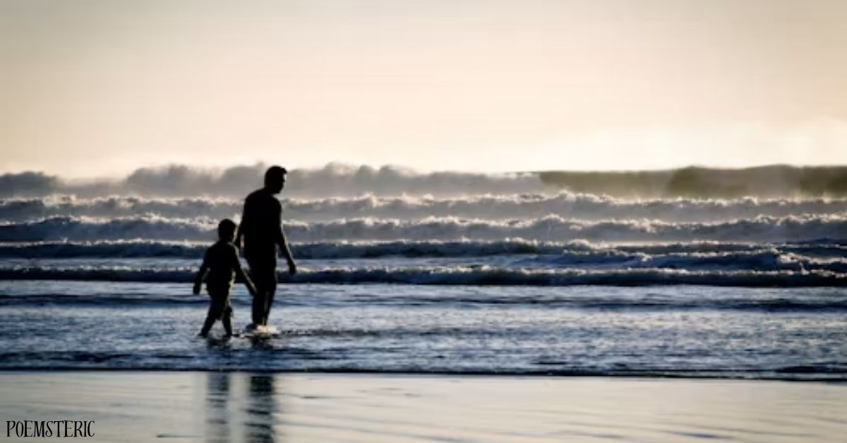 father and son walking on beach at sunset, father's day poem theme