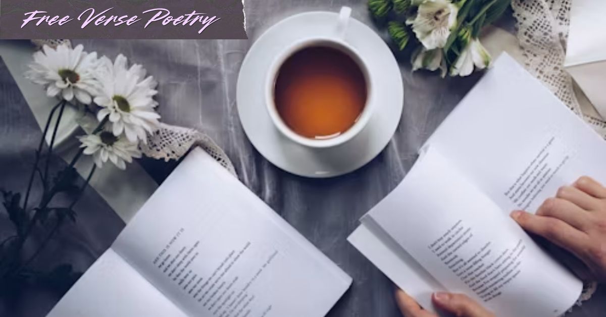 Free Verse Poetry banner with open poem books, tea cup and white flowers on table