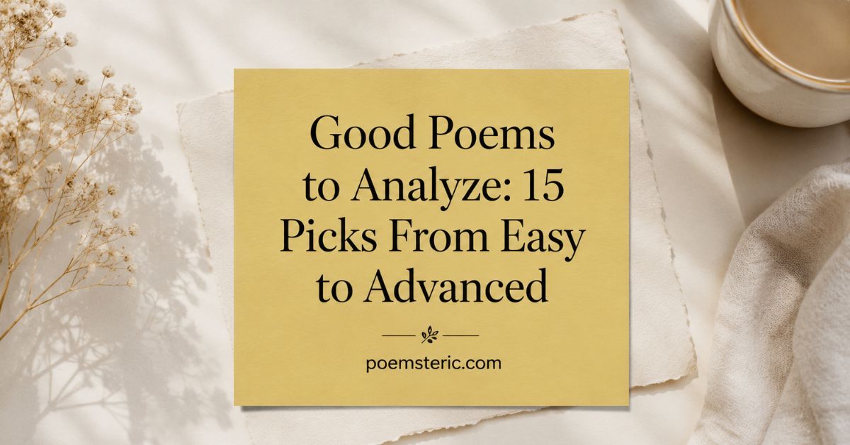 Good Poems to Analyze title card with dried flowers, coffee, and torn paper on linen