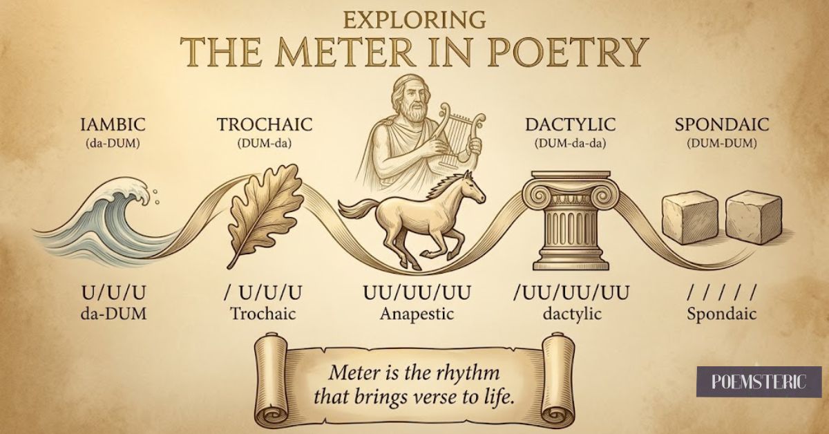 Visual of poetic meter symbols and a Greek lyre player on an ancient scroll background, with the title EXPLORING THE METER IN POETRY