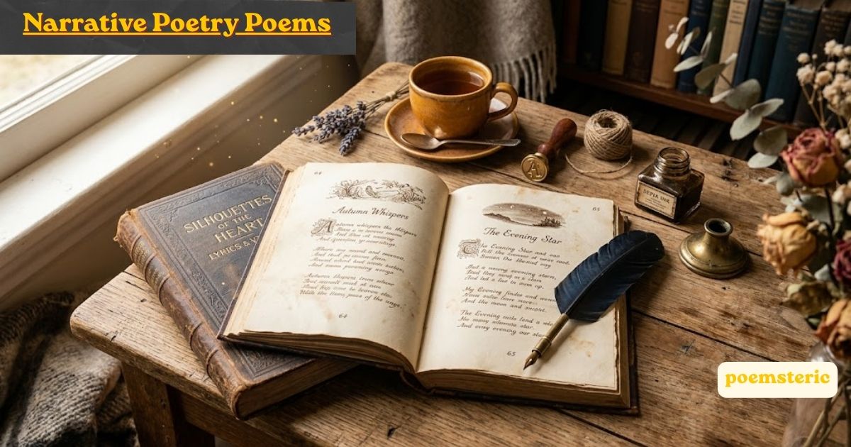Narrative Poetry Poems , open antique poetry book with quill pen and tea, poemsteric