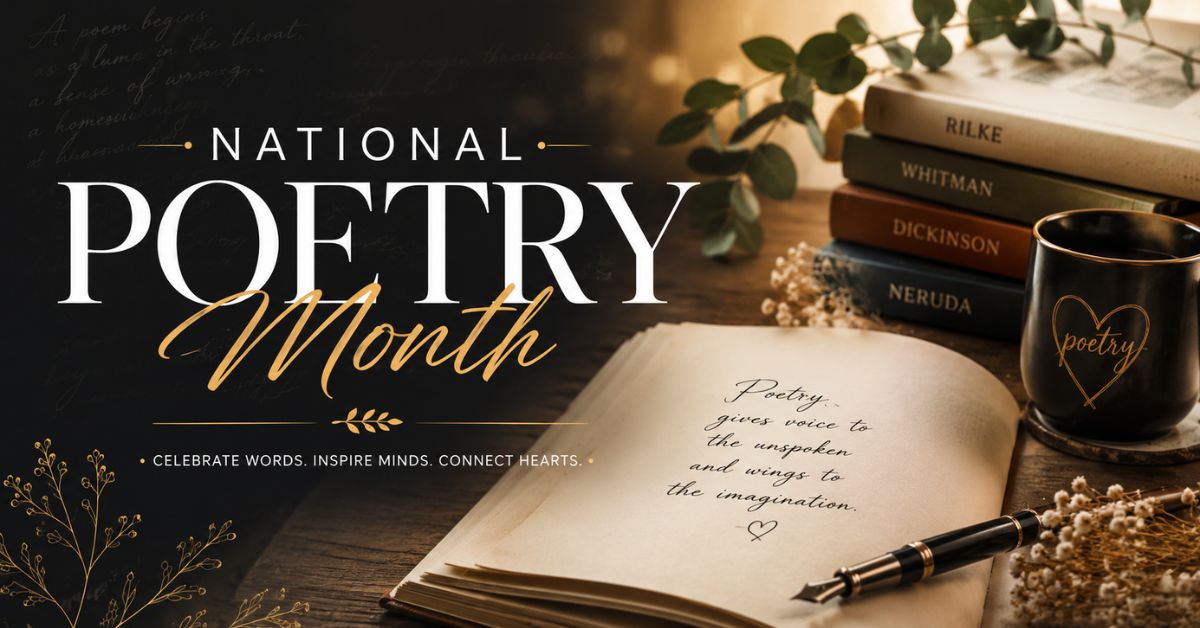 National Poetry Month celebration with poetry books, handwritten poem, fountain pen, and literary writing desk