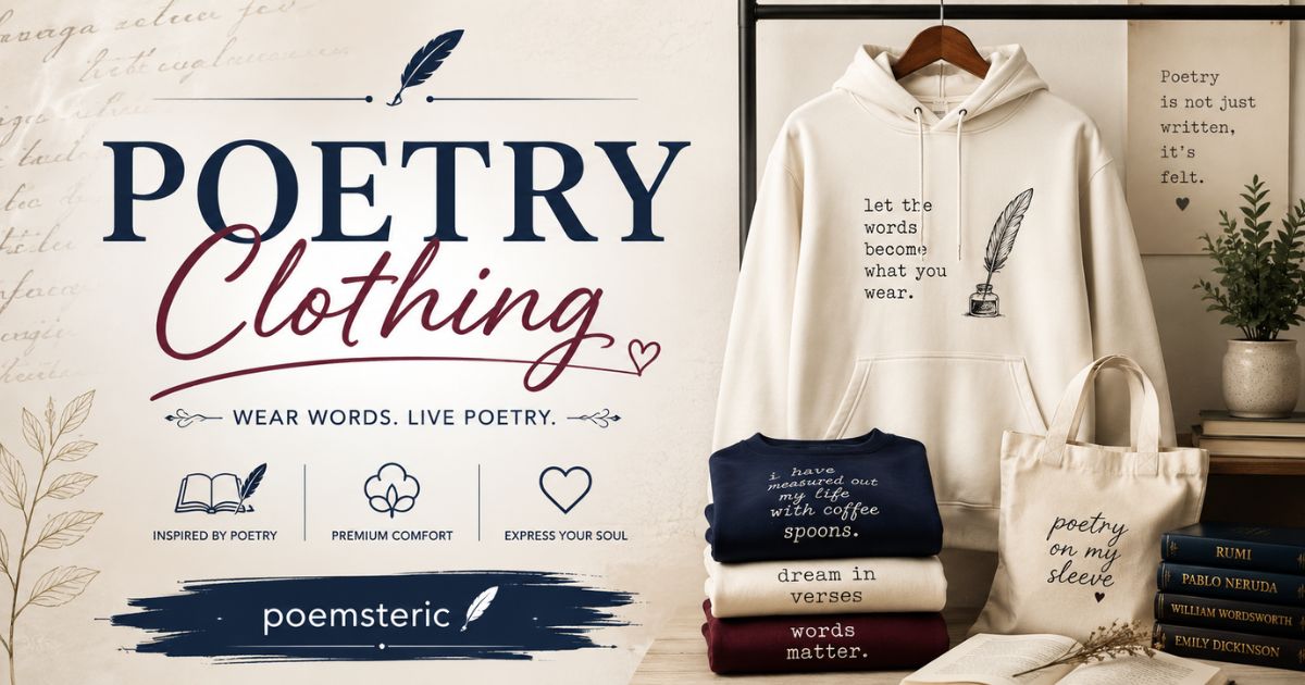 Poetry clothing featured image with poetry-inspired hoodies, shirts, tote bag, books, and literary designs.