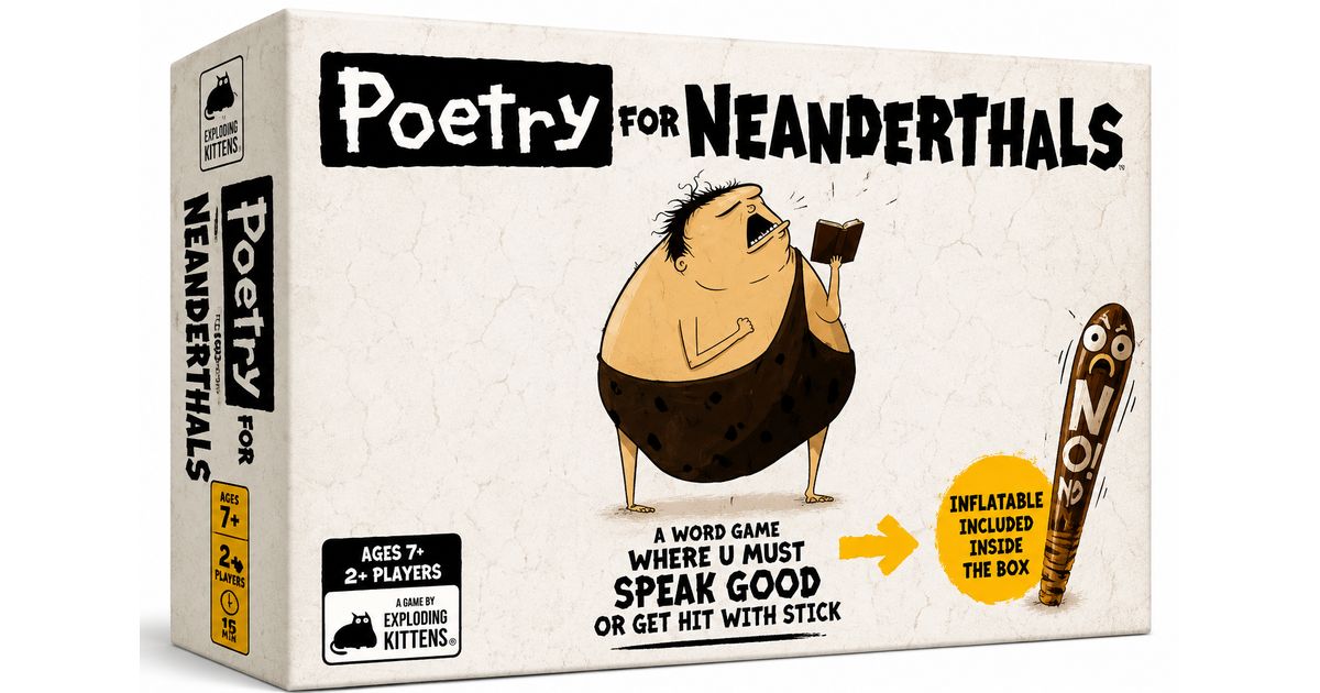 Poetry for Neanderthals board game featuring a humorous caveman, word game box, and inflatable No Stick