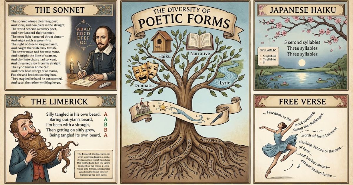 illustrated guide to poetry forms — sonnet, haiku, limerick, and free verse examples