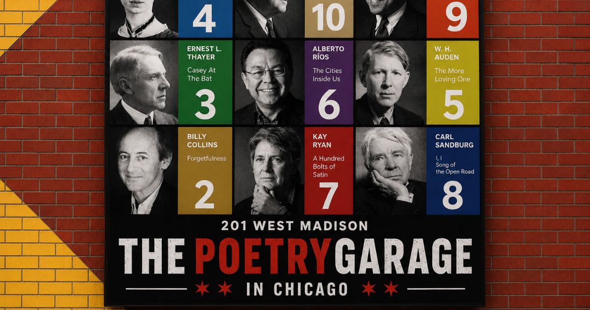 Poetry Garage in Chicago featuring a colorful poet directory with famous poets and floor numbers