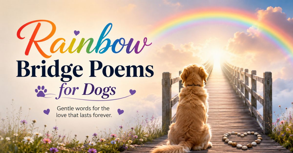 Rainbow Bridge poems for dogs featured image with golden retriever on bridge