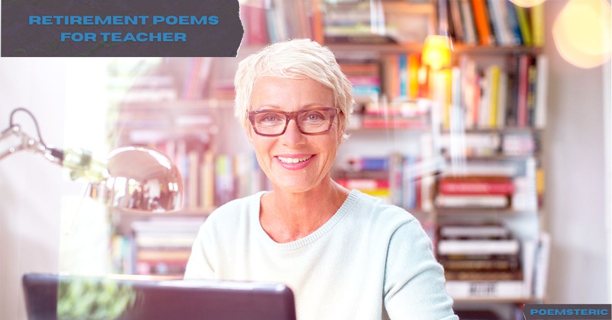 Smiling retired teacher with glasses working on a laptop — featured image for retirement poems for teacher article