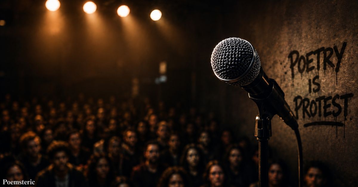 microphone on stage at slam poetry event under warm amber lights