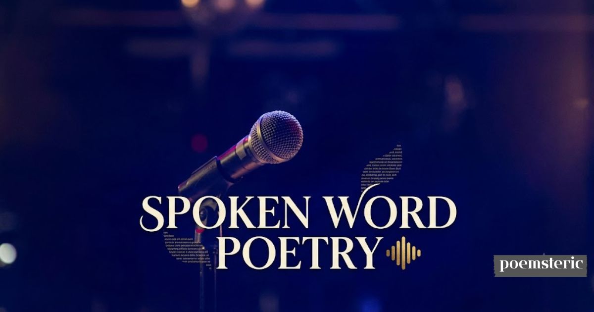 Spoken word poetry text with microphone silhouette on stage, poemsteric branding