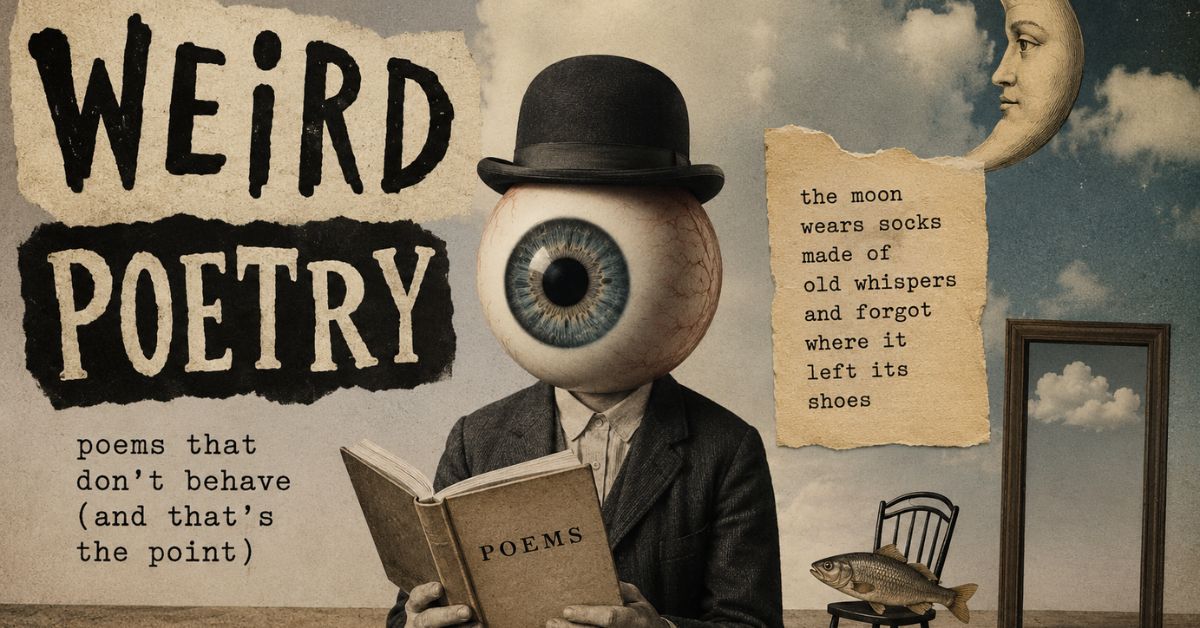 Surreal illustration of weird poems/poetry eyeball-headed man reading a poems book beside a whispering moon and a fish