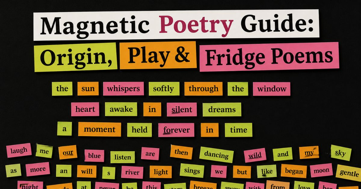 Magnetic poetry guide: colourful fridge word magnets forming poems on black board.