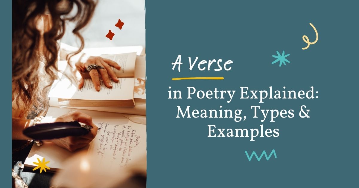 A verse in poetry explained with woman writing in notebook beside open book.