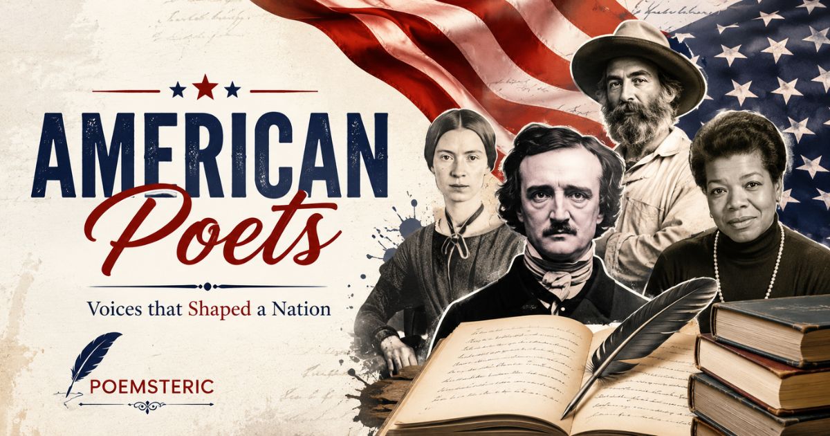 American Poets collage: Emily Dickinson, Edgar Allan Poe, Walt Whitman, and Maya Angelou
