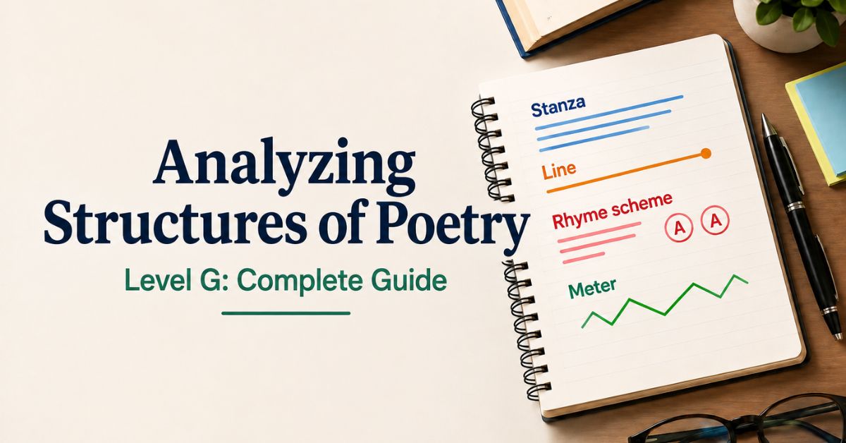 iReady - Analyzing Structures of Poetry Level G guide showing stanza, line, rhyme, and meter