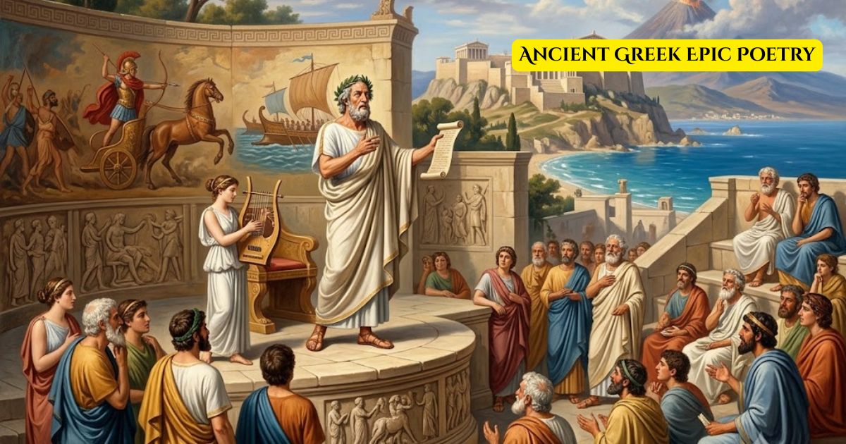 Ancient Greek epic poetry illustrated as a bard reciting verse to a seated audience