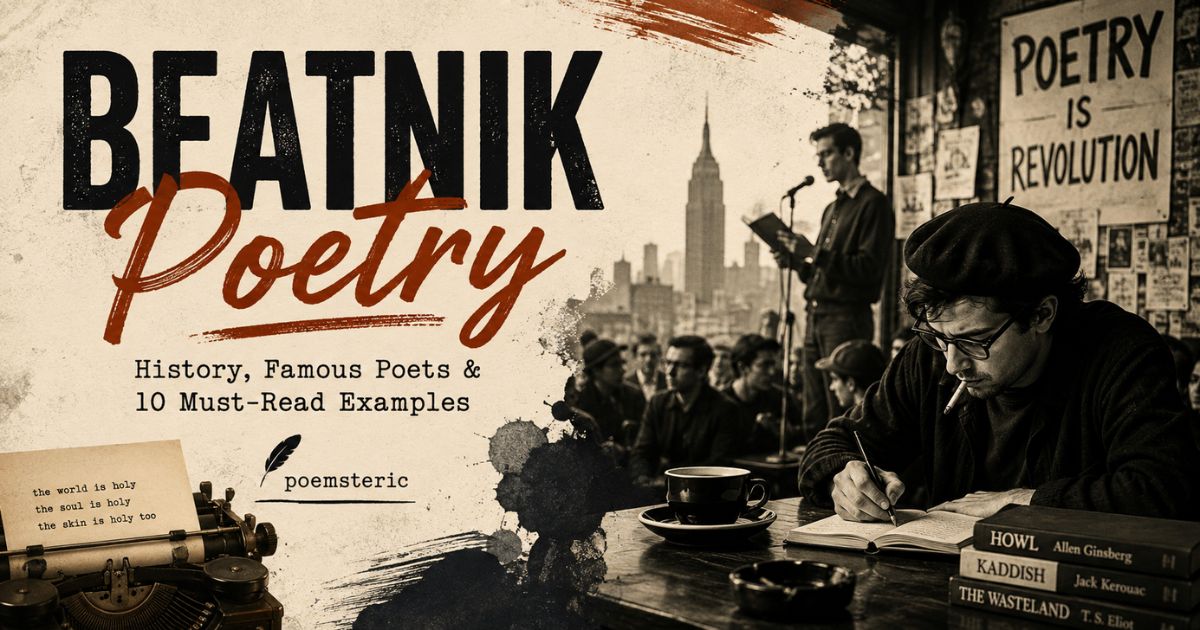 Beatnik poetry cover: poet reading in a 1950s café with typewriter and books.