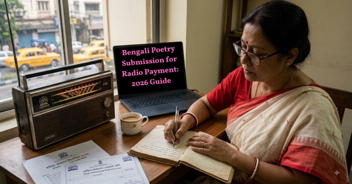 woman writing Bengali poetry beside a vintage radio, illustrating bengali poetry submission for radio payment.