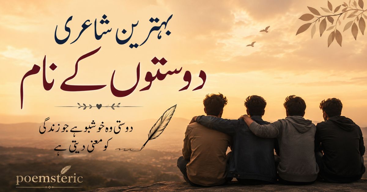 Best poetry about friends in Urdu with four friends at sunset.