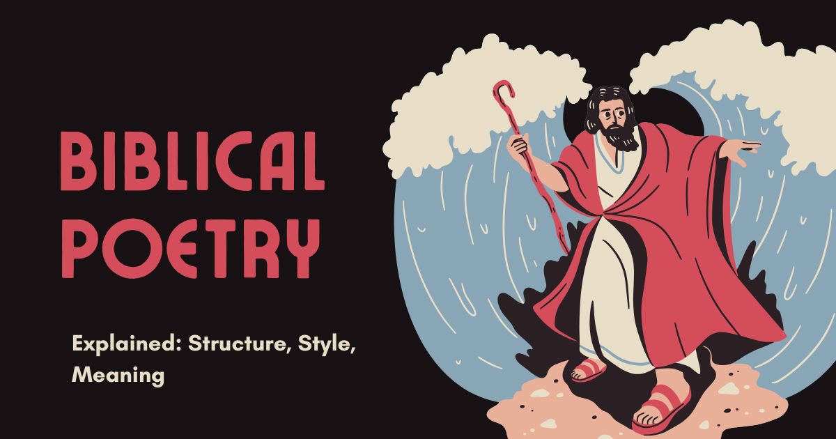 Biblical poetry illustration of Moses with staff parting the sea.