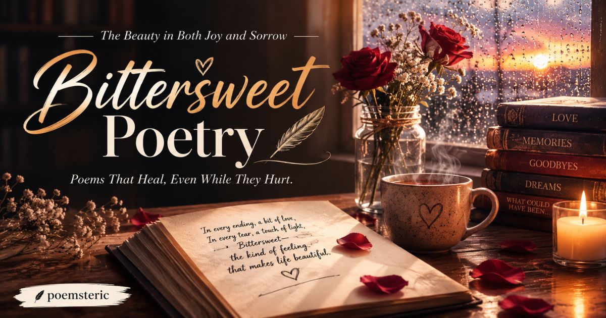 Bittersweet poetry journal with roses and candle by a rainy window