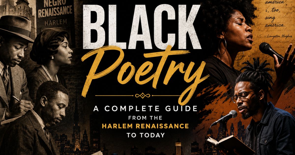 Black poetry guide cover: Harlem Renaissance writers and modern spoken word poets