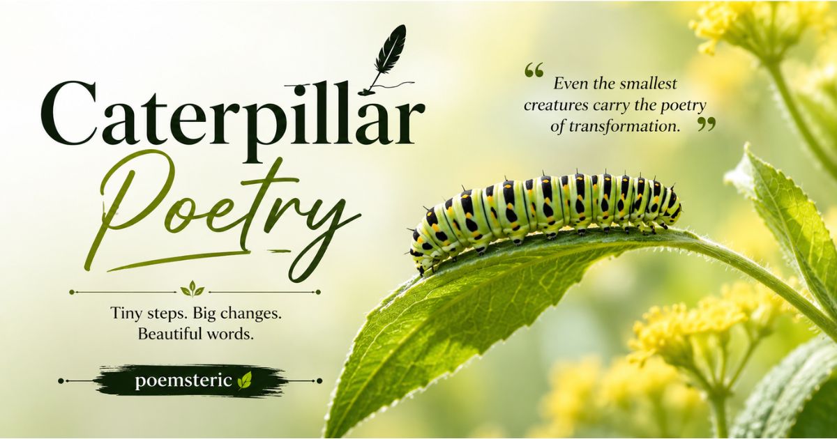 Caterpillar poetry graphic: green swallowtail caterpillar on a leaf with transformation quote