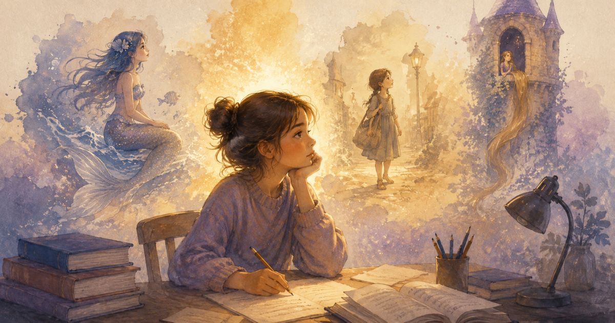 Central idea of the poem Amanda girl daydreaming at her desk with mermaid, orphan, and Rapunzel silhouettes.
